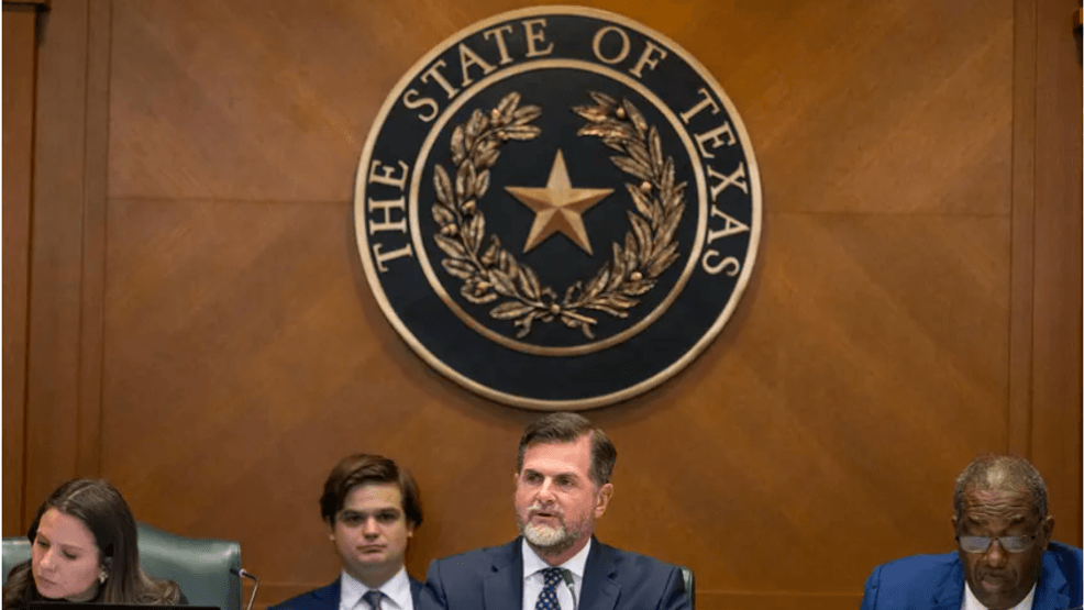 State Sen. Brandon Creighton, center, chair of the Texas Senate's Committee on Education K-16, lays out the chamber's plan to create an education savings account program at a hearing at the Texas Capitol on Jan. 28, 2025. (Credit: Leila Saidane for The Texas Tribune)